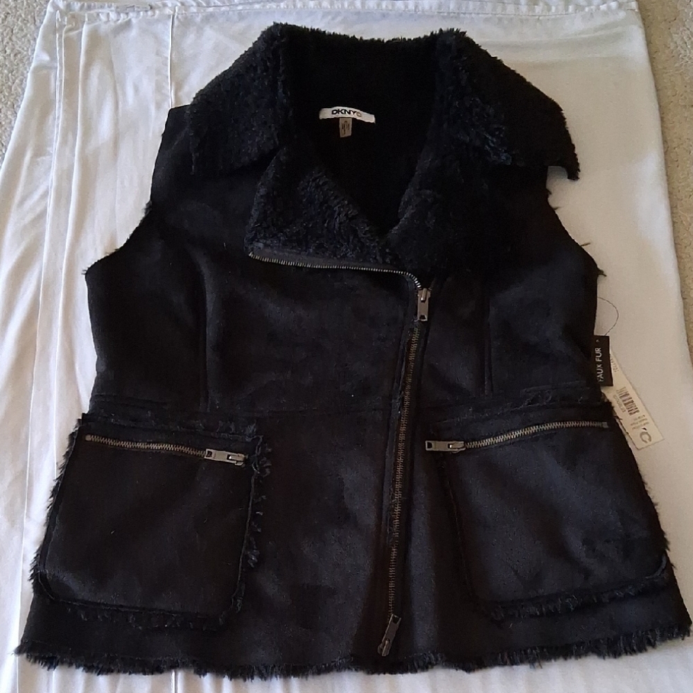 New Faux Fur DKNY Black Women's Vest